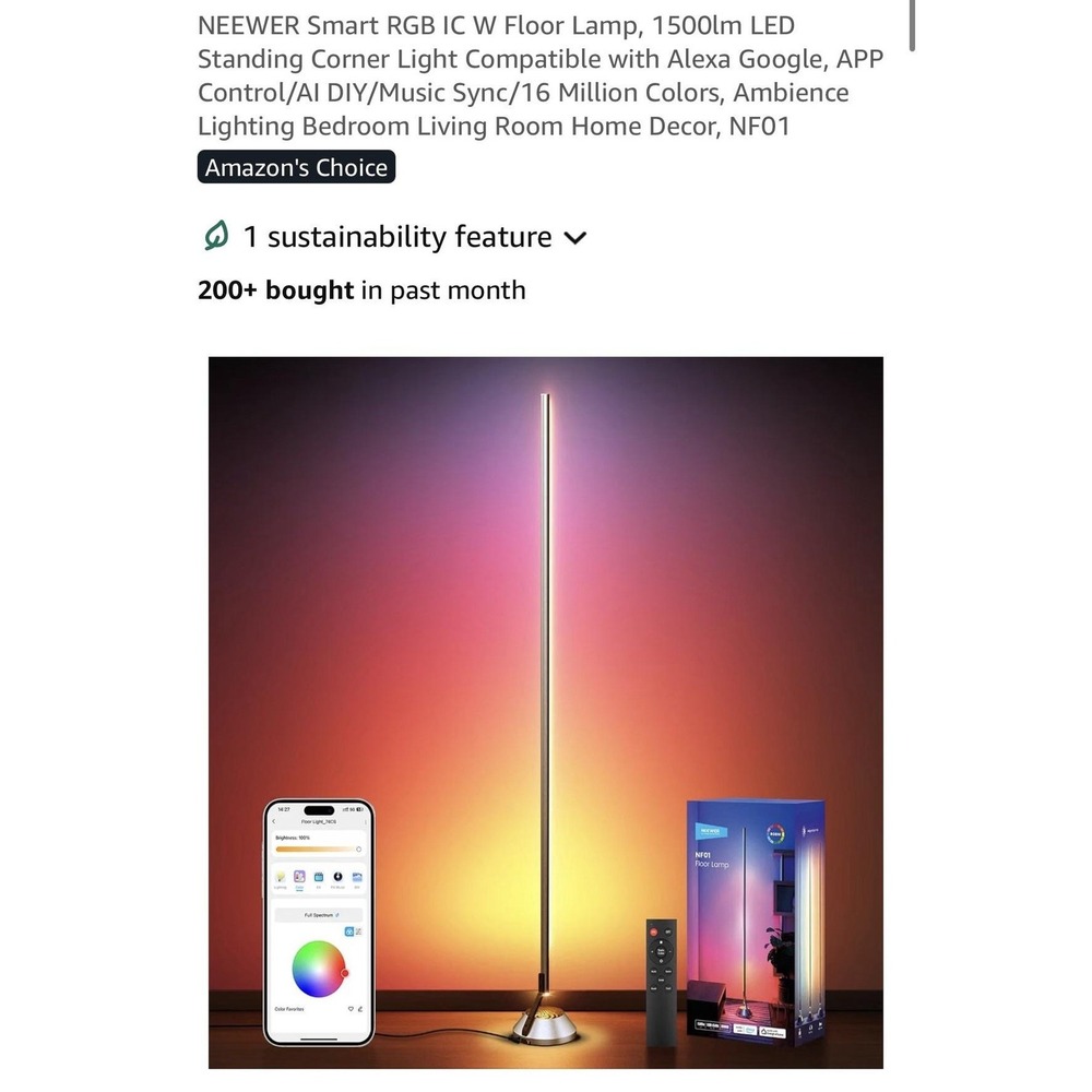 NEEWER NF01 Smart RGB Floor Lamp 1500lm LED App Alexa Google Voice Silver Indoor